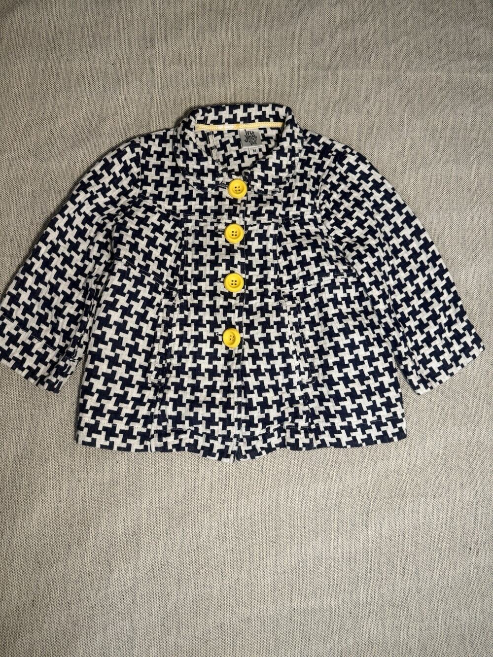 Ivy Jane Women M Geometric Houndstooth Jacket Yellow Buttons Navy Cream